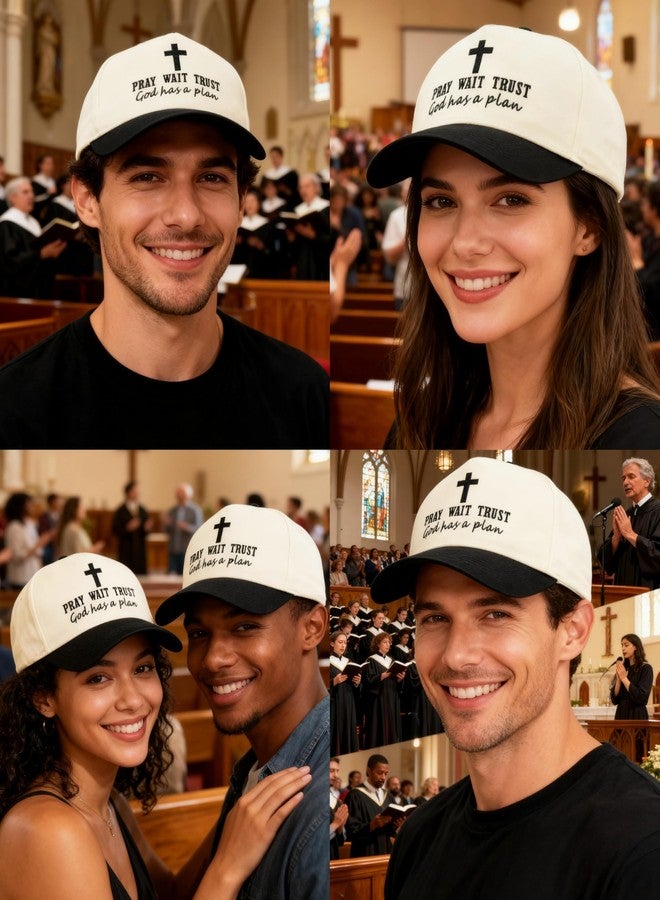HAFOUXIGM Christian Baseball Cap for Men Women, Embroidered Pray Wait Trust God Has A Plan Jesus Cross Hat Adjustable Faith Trucker Hat Beige/Black - Image 3